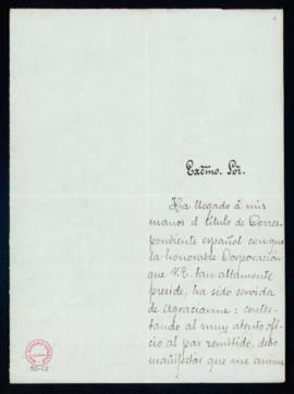 Carta de Melchor de Palau al director [el conde de Cheste] en la que expresa su agradecimiento po...