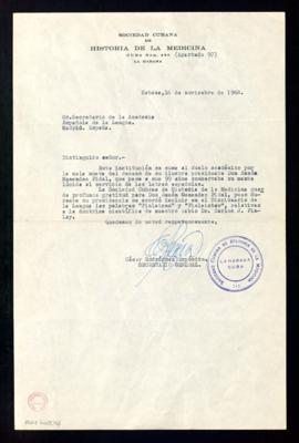 Carta de César Rodríguez Expósito, secretario de la Sociedad Cubana de Historia de la Medicina, a...
