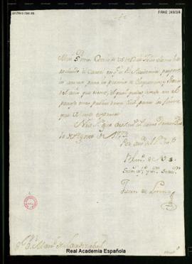 Carta de Juan de Lerena a Manuel de Lardizábal [y Uribe] en la que le comunica que ha recibido el...