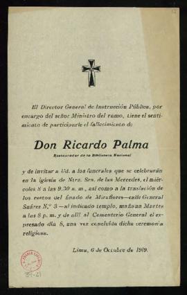 Participación del fallecimiento de Ricardo Palma