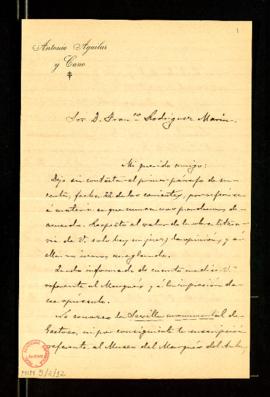 Carta de Antonio Aguilar y Cano a Francisco Rodríguez Marín en la que le contesta que no conoce l...