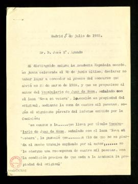 Copia de la carta de Emilio Cotarelo a José M.ª Aguado en la que le propone la cesión en propieda...