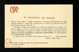 Invitación del Instituto de España a la conmemoración del centenario del nacimiento del polígrafo...
