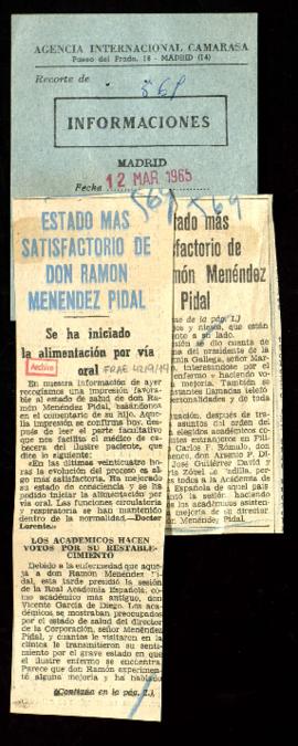 Recorte del diario Informaciones con la noticia Estado más satisfactorio de don Ramón Menéndez Pidal