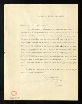 Carta de Eduardo Marquina y Alfonso Hernández Catá a Melchor Fernández Almagro en la que le agrad...