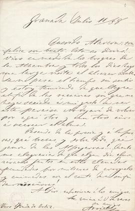 Carta de Emilio Arrieta a Pedro Antonio de Alarcón desde Granada donde está pasando sus vacaciones