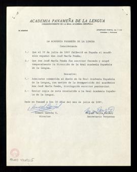 Copia firmada de la resolución de duelo de la Academia Panameña de la Lengua con motivo de la mue...
