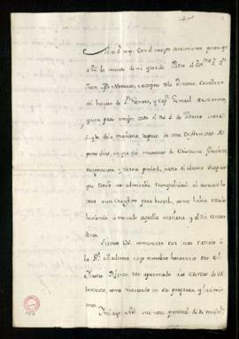 Carta del marqués del Real Transporte a Francisco Antonio de Angulo en la que comunica el falleci...