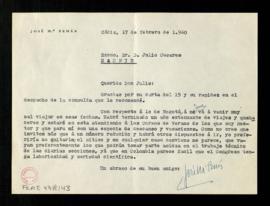 Carta de José María Pemán a Julio Casares en la que le dice que le viene mal viajar a Bogotá en l...