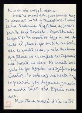 Carta a Rafael Lapesa en la que le anticipa el pésame de la Academia Argentina de Letras, de la q...