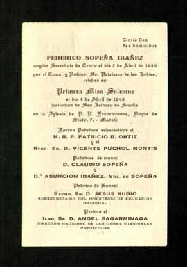 Recordatorio de la primera misa celebrada por Federico Sopeña Ibáñez