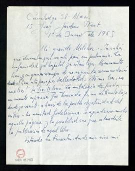 Carta de Jorge Guillén a Melchor Fernández Almagro en la que le dice que la pulmonía y el hospita...