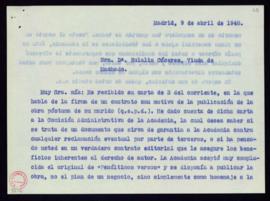 Copia sin firma de la carta de Julio Casares a Eulalia Cáceres en la que le comunica que ha dado ...