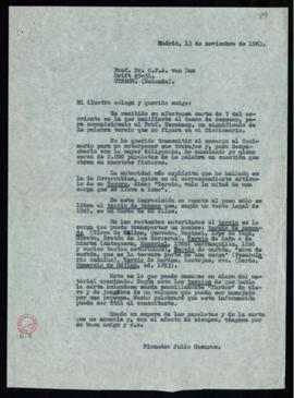 Minuta de la carta de Julio Casares a C. F. Adolf van Dam en la que le ofrece el resultado de su ...
