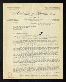 Carta del director gerente de Montaner y Simón a Melchor Fernández Almagro en la que le informa d...