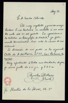 Carta de Agustín Millares Carlo a Emilio Cotarelo con las señas de su padre en Las Palmas