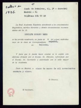 Minuta del diploma de Enrique Moreno Báez de académico correspondiente en en Galicia