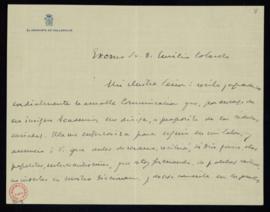 Carta de Francisco Mendizábal a Emilio Cotarelo en la que acusa recibo de su comunicación a propó...