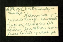 Tarjeta de Lola Membrives a Melchor Fernández Almagro en la que le agradece su felicitación