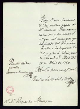 Orden de Manuel de Lardizábal del pago a Lorenzo Muntaner de 350 reales de vellón por 1000 estamp...