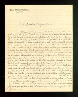 Carta de Antonio Alcalá Venceslada a Francisco Rodríguez Marín en la que le confiesa que no se ha...