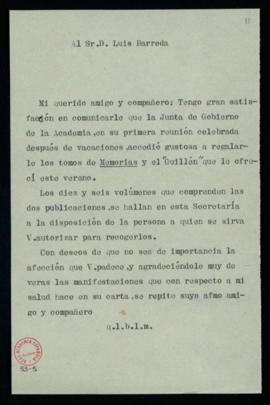 Minuta de la carta del secretario a Luis Barreda en la que le comunica que la junta de gobierno d...