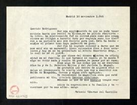 Copia de la carta de Antonio Cánovas del Castillo a Rodríguez en la que se disculpa por no haberl...