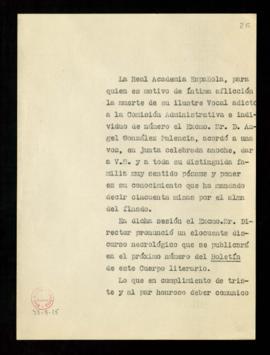 Copia sin firma del oficio del secretario a María Simón, viuda de González Palencia, de traslado ...