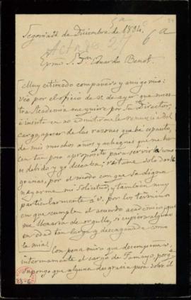 Carta de Juan de la Pezuela a Eduardo Benot [secretario accidental] en la que acusa recibo del of...