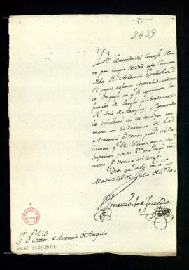 Carta  de Ignacio de Higareda a Francisco Antonio de Angulo con la que remite por orden del Conse...