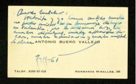 Tarjeta de visita de Antonio Buero Vallejo a Melchor Fernández Almagro en la que se disculpa, en ...