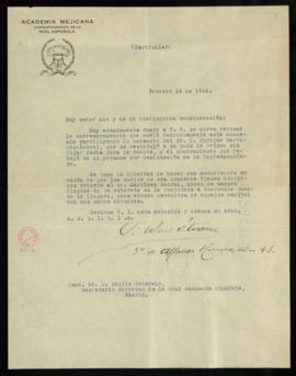 Carta de Victoriano Salado Álvarez a Emilio Cotarelo y Mori, secretario de la Real Academia Españ...