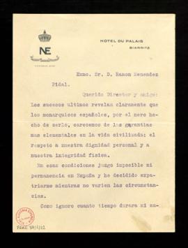 Carta de Gabriel Maura a Ramón Menéndez Pidal en la que le transmite su dimisión irrevocable del ...