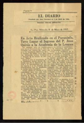 Recorte de El Diario con la noticia titulada En Acto Realizado en el Paraninfo, Tuvo Lugar el Ing...