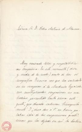Carta de Cayetano Fernández a Pedro Antonio de Alarcón con su felicitación por su discurso de ing...