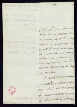 Carta de Benito Bails a Juan Crisóstomo [Ramírez] de Alamanzón de acuse de recibo de los seis lib...