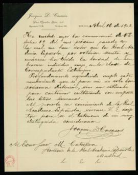 Carta de Joaquín D. Casasús a Mariano Catalina, secretario de la Real Academia Española, en la qu...
