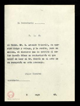 Copia sin firma del besalamano de Julio Casares a Armando Cotarelo con el que le remite, para su ...