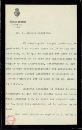 Carta del marqués de la Pezuela al secretario [Mariano Catalina] en la que acusa recibo de su car...