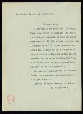 Minuta del oficio del secretario [Emilio Cotarelo] a Leopoldo Cano de traslado del acuerdo de la ...