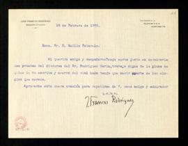 Carta de Francos Rodríguez a Emilio Cotarelo que acompaña la devolución de las pruebas del discur...