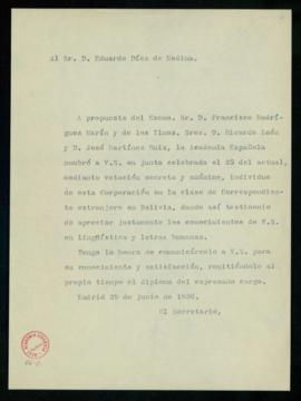 Copia sin firma del oficio del secretario a Eduardo Díez de Medina de traslado de su nombramiento...