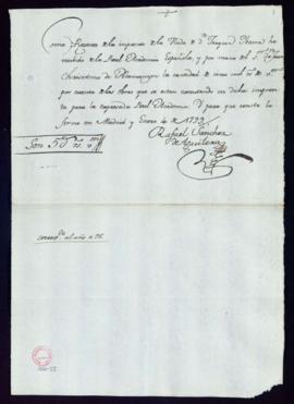 Recibo de Rafael Sánchez de Aguilera, regente de la imprenta de la viuda de Ibarra, de 5000 reale...