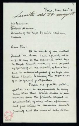Carta de Archer Milton Huntington a Antonio Maura en la que agradece el envío [de un pergamino de...