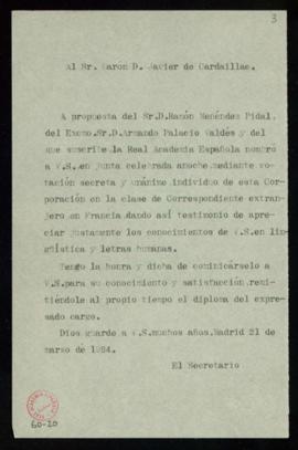 Copia sin firma del oficio del secretario de comunicación al barón Javier de Cardaillac de su ele...