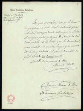 Propuesta firmada por Manuel Cañete, Gaspar Núñez de Arce y Mariano Catalina de Fernando Caldeira...