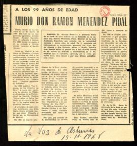 Recorte del diario La Voz de Asturias con el artículo A los 99 años de edad murió don Ramón Menén...