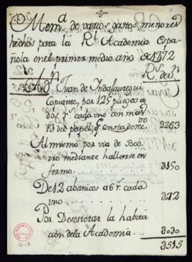 Memoria de varios gastos menores hechos para la Academia en el primer medio año de 1772