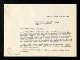Carta de Julio Casares a José María Pemán en la que le comunica que no se hizo una propuesta form...