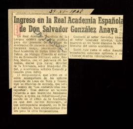 Recorte de prensa del diario La Tarde con la crónica Ingreso en la Real Academia Española de Don ...